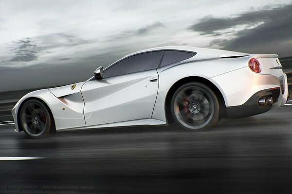 White Ferrari on the road at speed