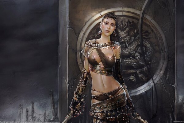 The dark warrior from fantasy holds a sword in her hands