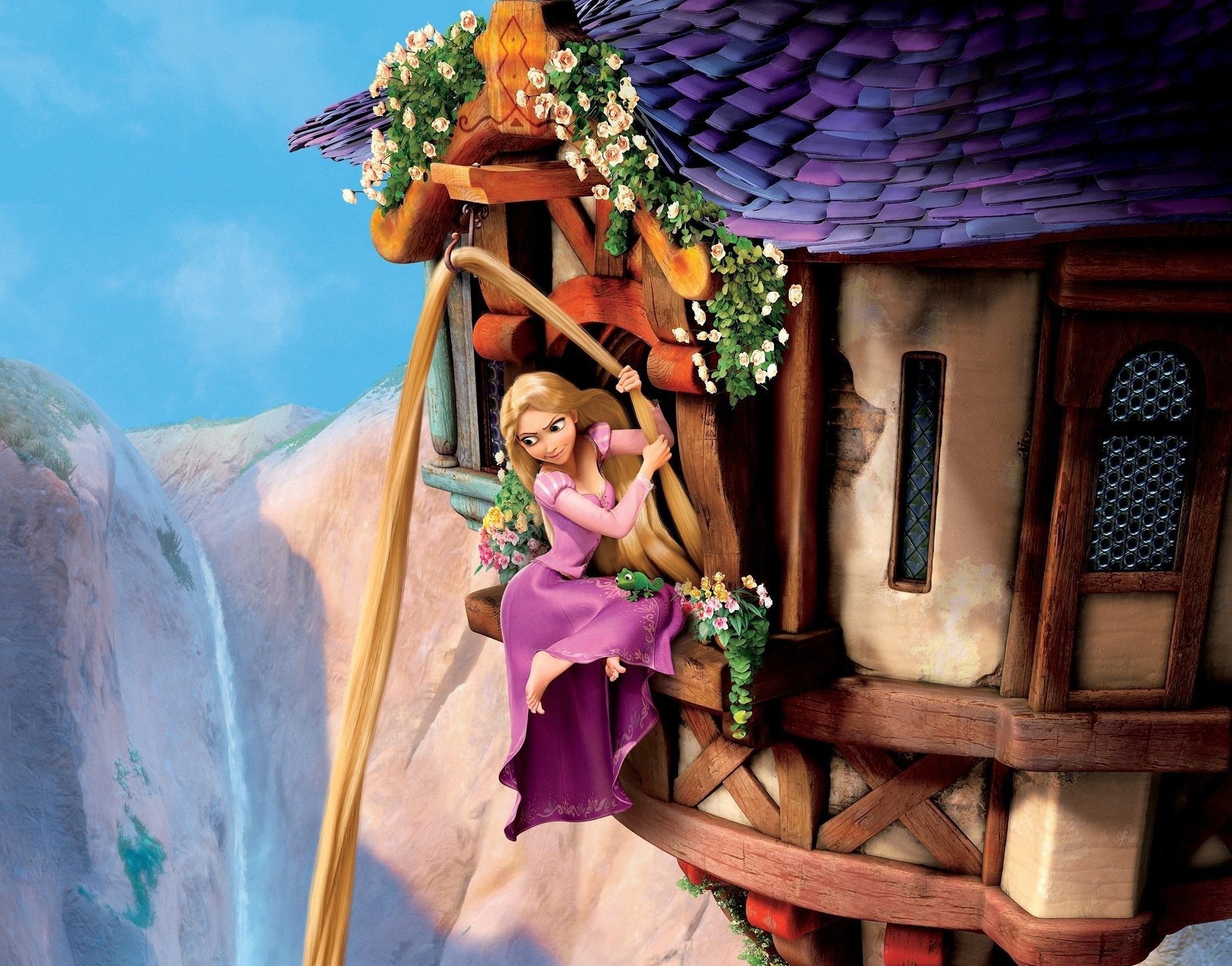 рапунцель tangled запутанная история цветы принцесса мульт девушка скалы домик пропасть высота штора страх рисунки девушки аниме сказки мультик