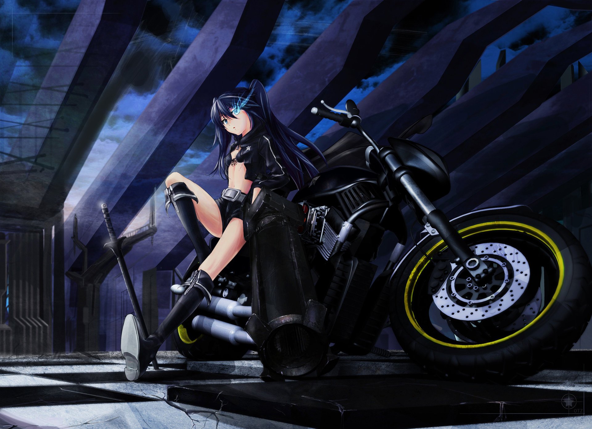 kuroi mato black rock shooter broń motocykl miecz ciemność niebo chmury noc mototransport kobiety motobike