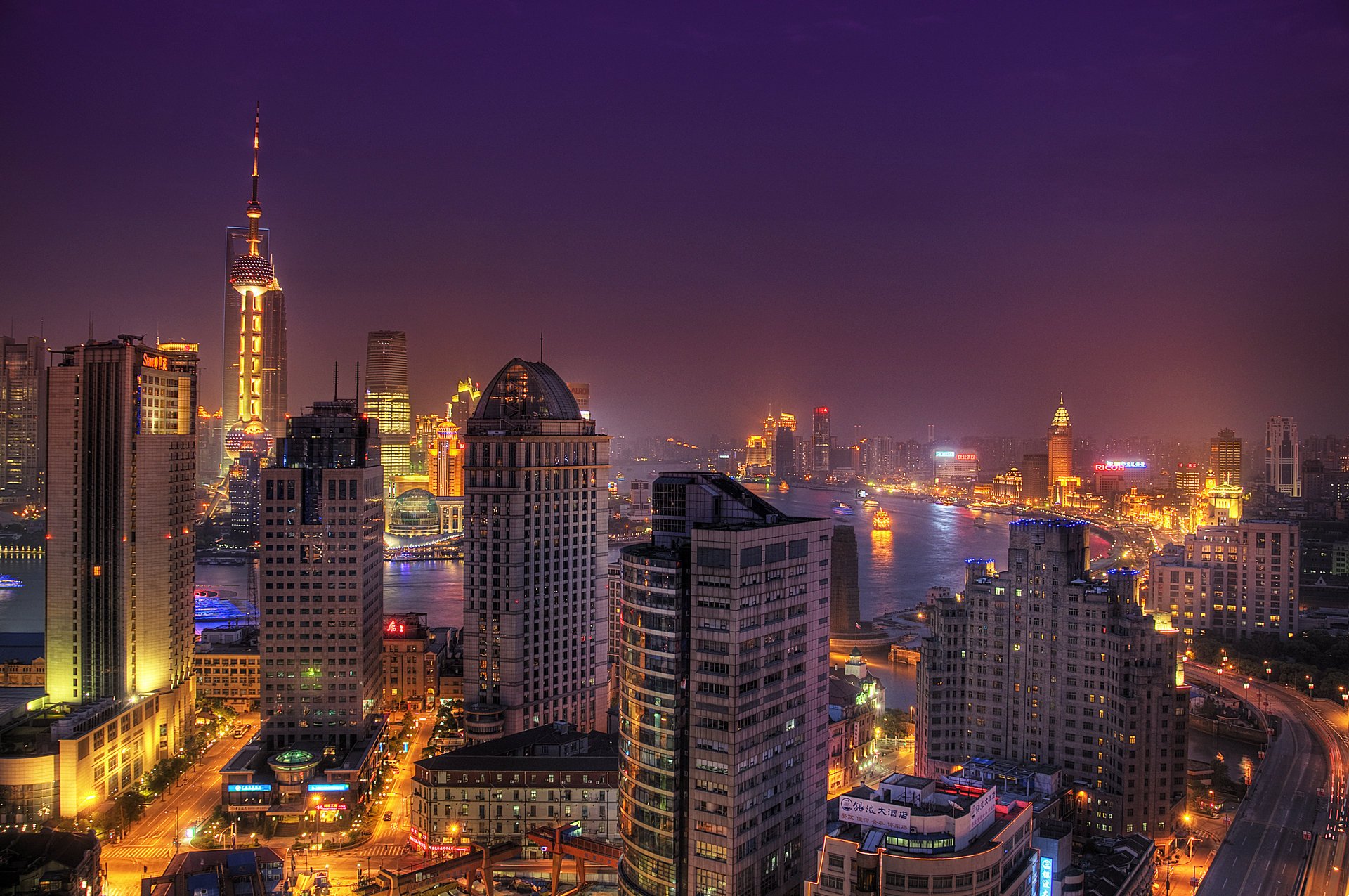 ciudad panorama luces centelleantes nightlight luces shanghai china asia noche cielo lila vista metrópolis rascacielos río calles torres cielo noche