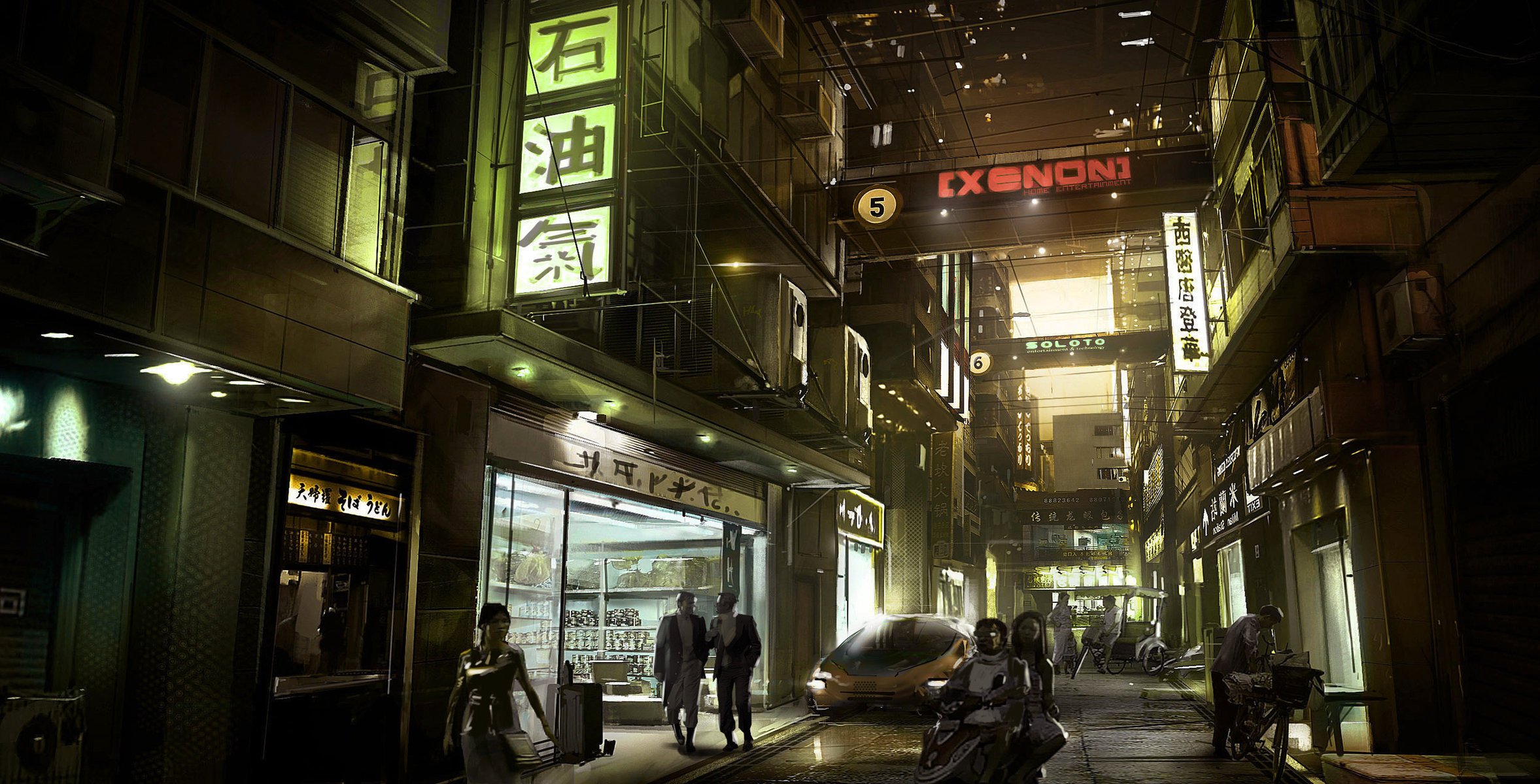 deus ex human revolution giappone residenti città strada case notte insegne luci geroglifici passanti negozi neon strada edifici metropoli asia città