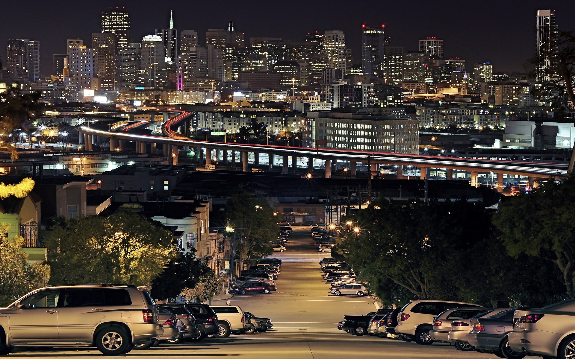 san francisco portrero wzgórze miasto noc zjeżdżalnia samochody droga światła domy