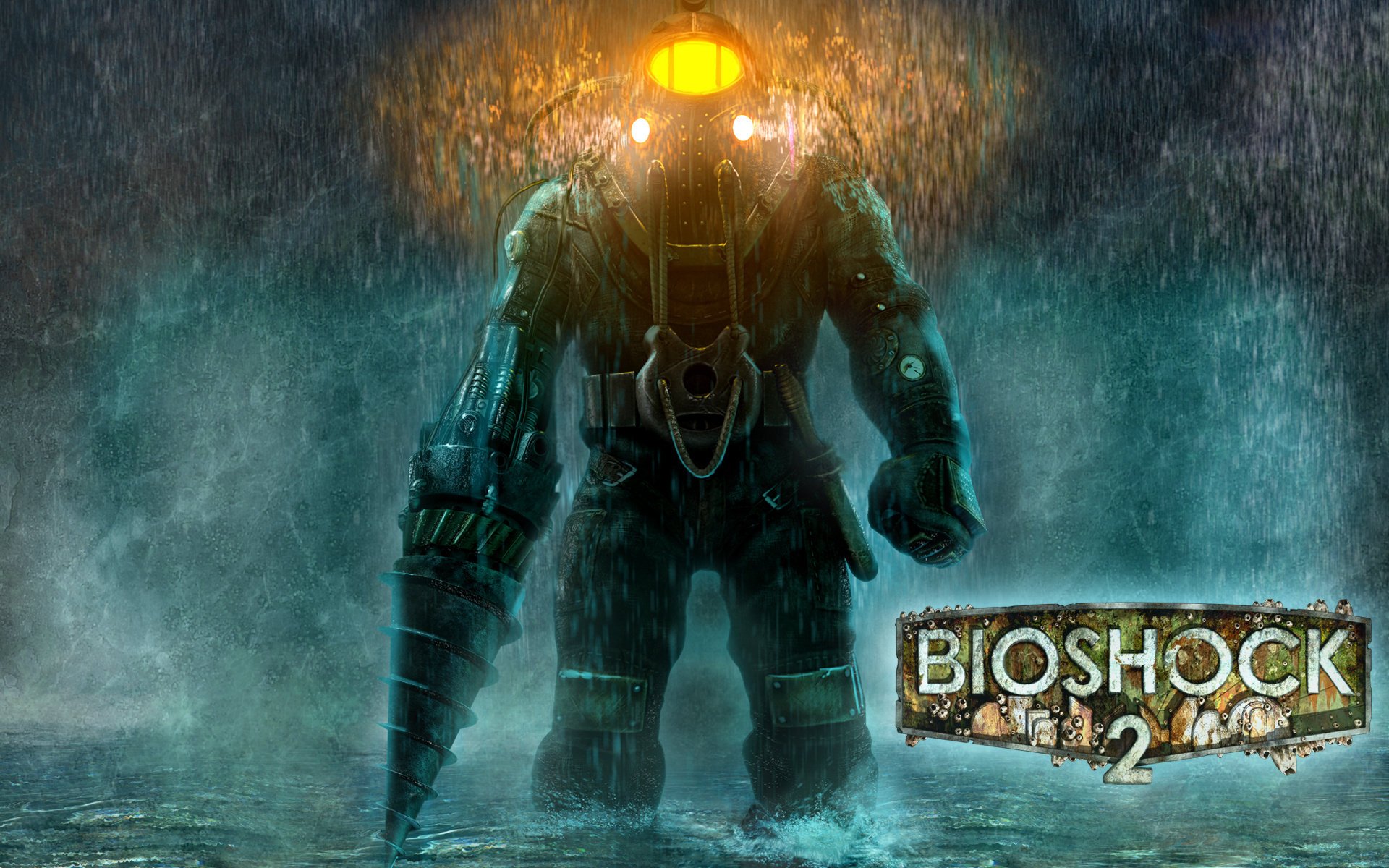 bioshock 2 big daddy биошок 2 игры дождь скафандр надпись оружие экшен