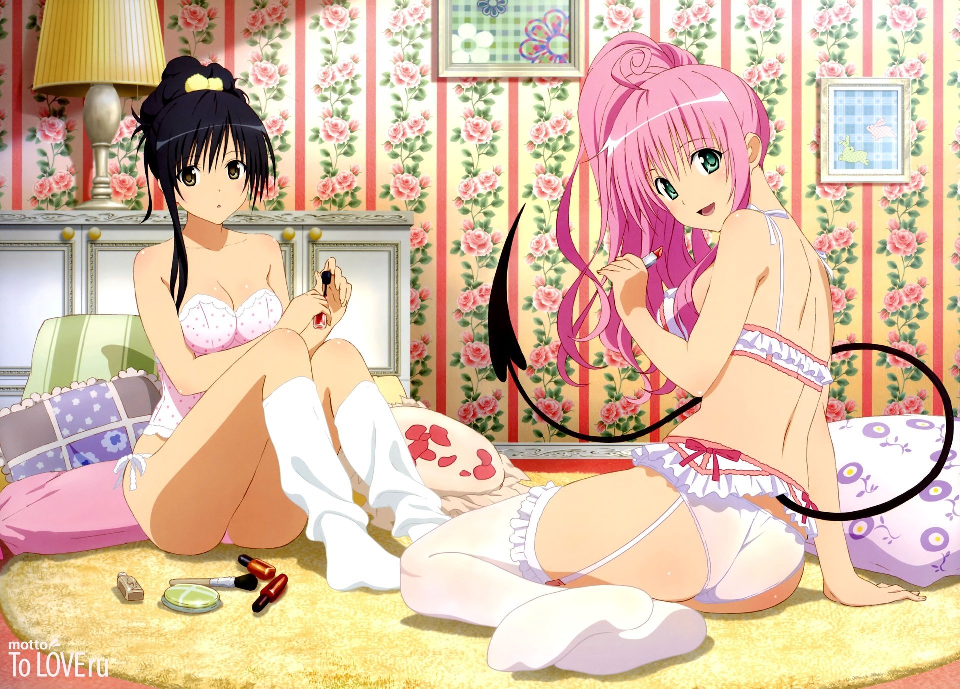 art makeup to love-ru girls in the morning anime stockings pink hair room interior floor lamp picture sofa lacquer cosmetics drawings eye