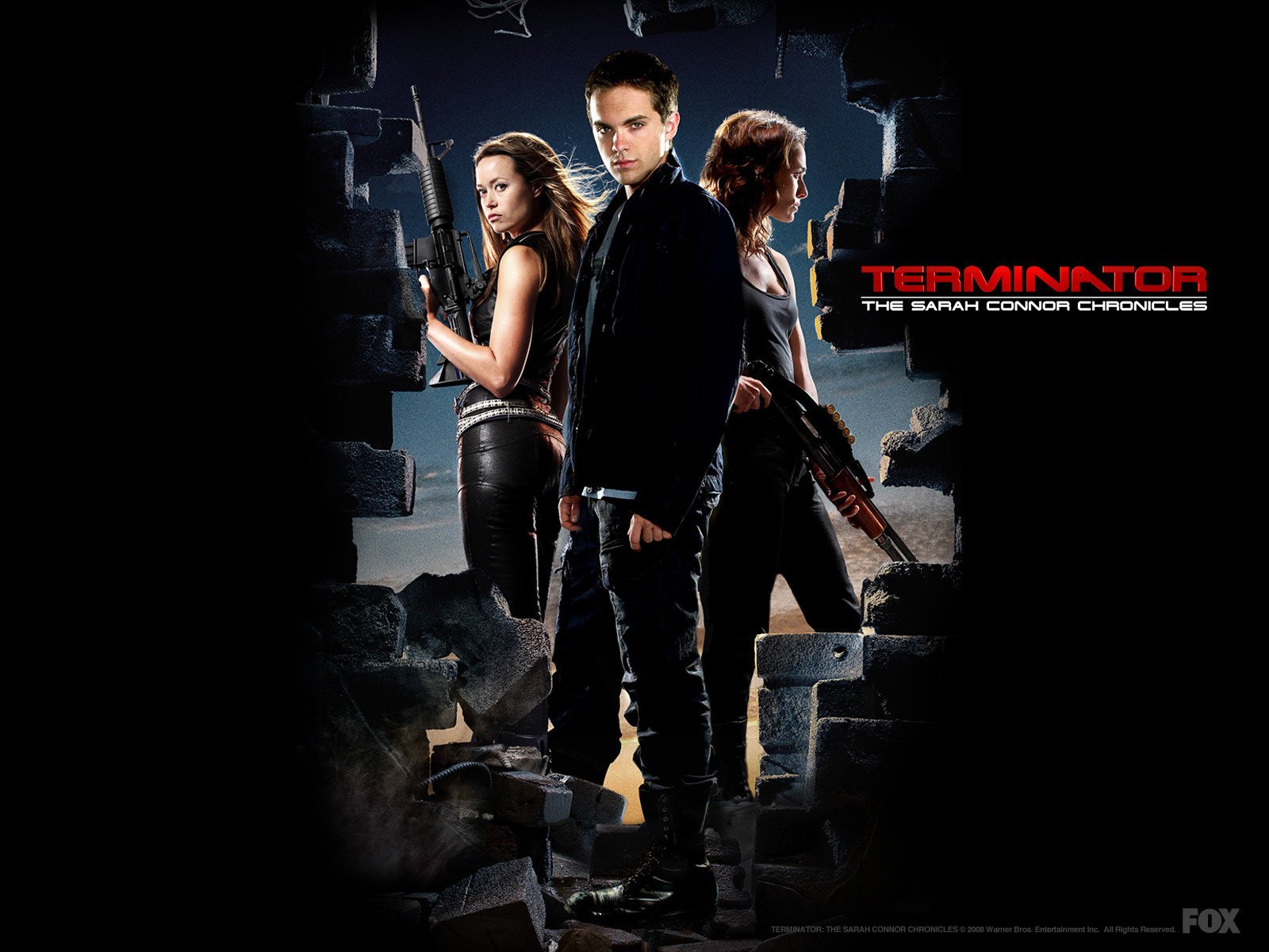 terminator scc terminator sarah connor chronicles cameron john sarah wall hole weapon actors poster dark background movie actors movies movie