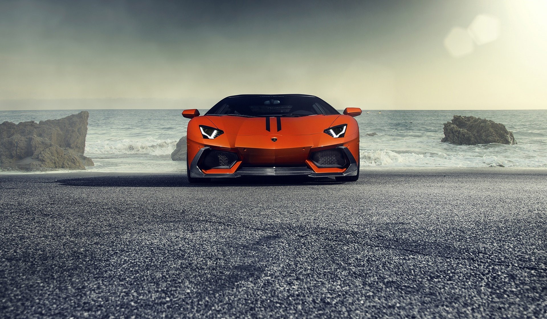 lamborghini aventador-v lp740-4 zaragoza vorsteiner supercar orange front sea sun