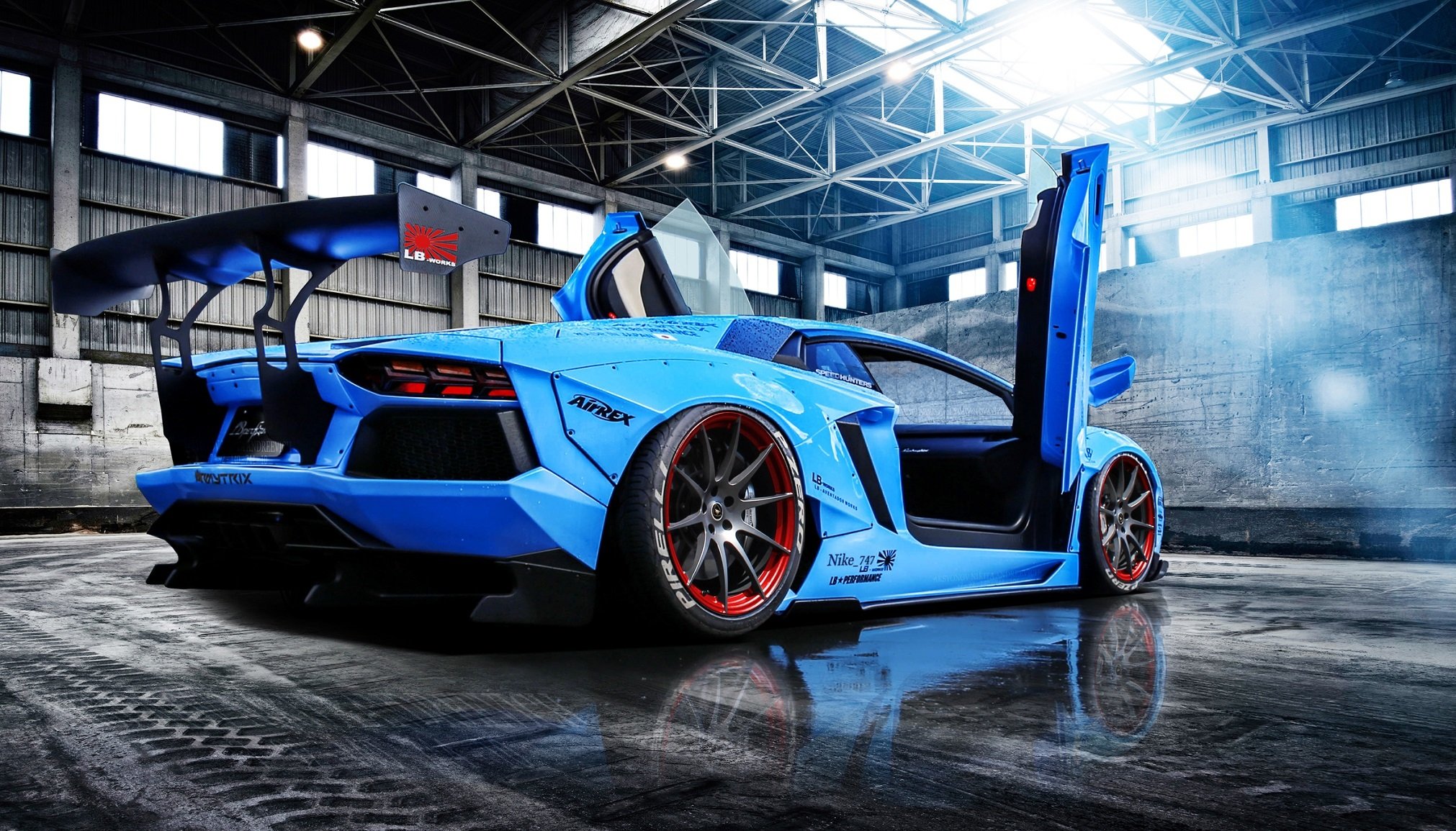 lamborghini aventador lp720-4 freiheit gehen lb perfomance blau supercar hinten türen sonne breite