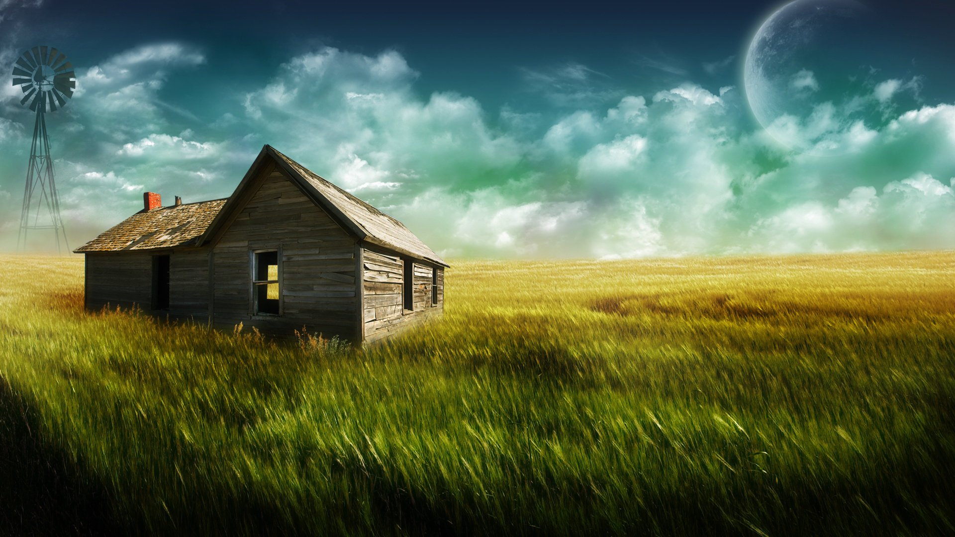 lonely house house windmill field sky clouds fantasy grass greenery moon clouds wind