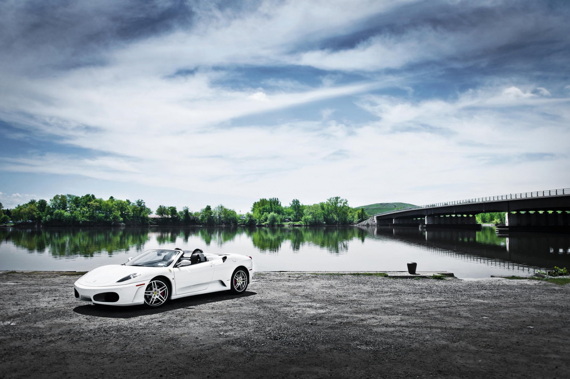 ferrari f430 white ferrari white river bridge landscape