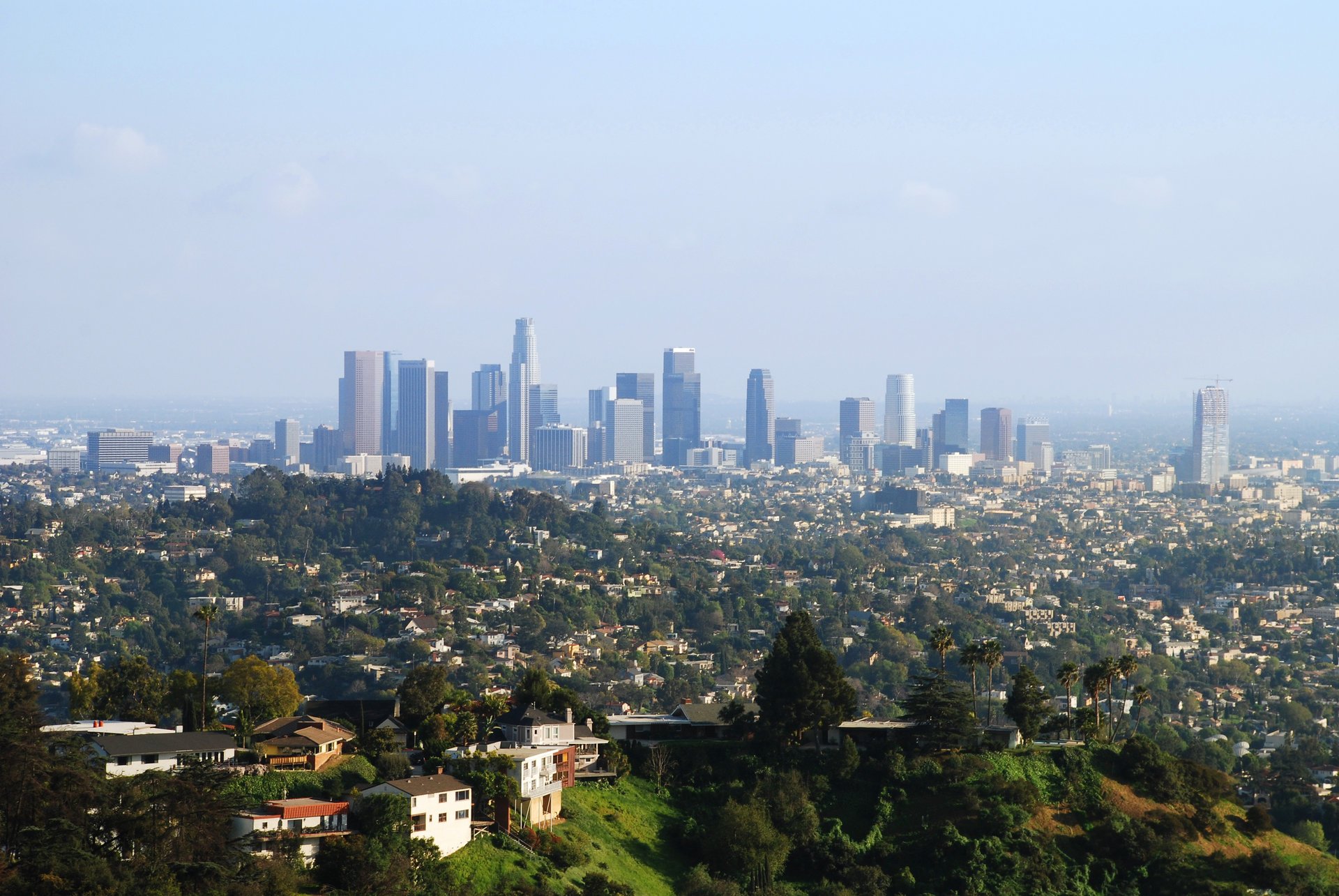ca panorama drapacze chmur los angeles śródmieście metropolia domy park usa ameryka widok niebo miasta