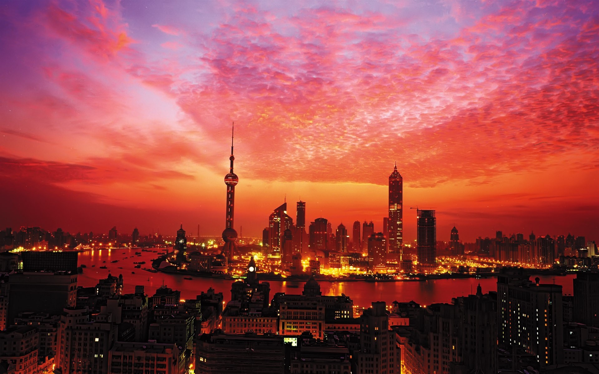 wolkenkratzer shanghai turm sonnenuntergang lichter