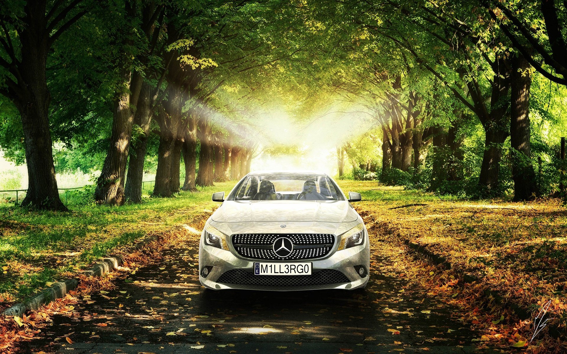 mercedes-benz cla amg car premium class sun trees leaves grass cla