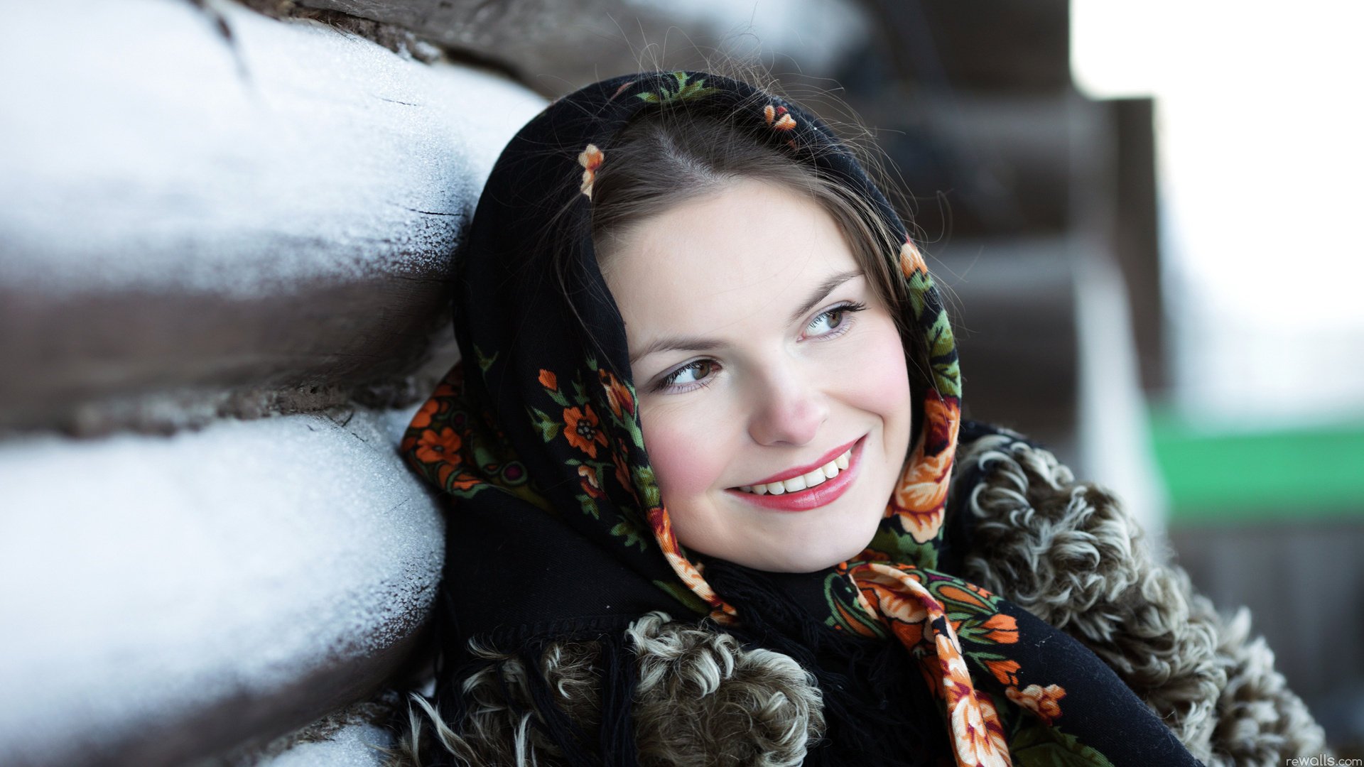 russian beauty log cabin girl russia russia shawl smile eyes face look away hut look portrait