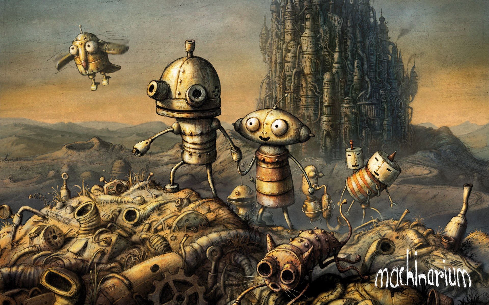 machinarium machinarium joseph ville décharge robots grisaille destruction ordures chaos château