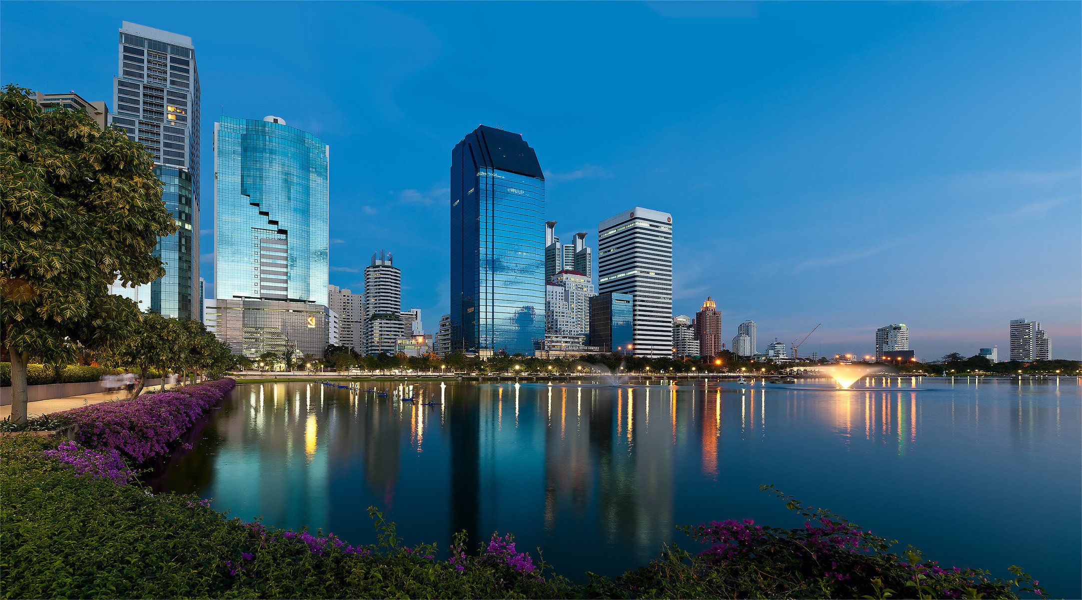 fiori bangkok thailandia crepuscolo acqua grattacieli fontana città riflessione case verde aiuole alberi sera luci città cielo notturno luci della città