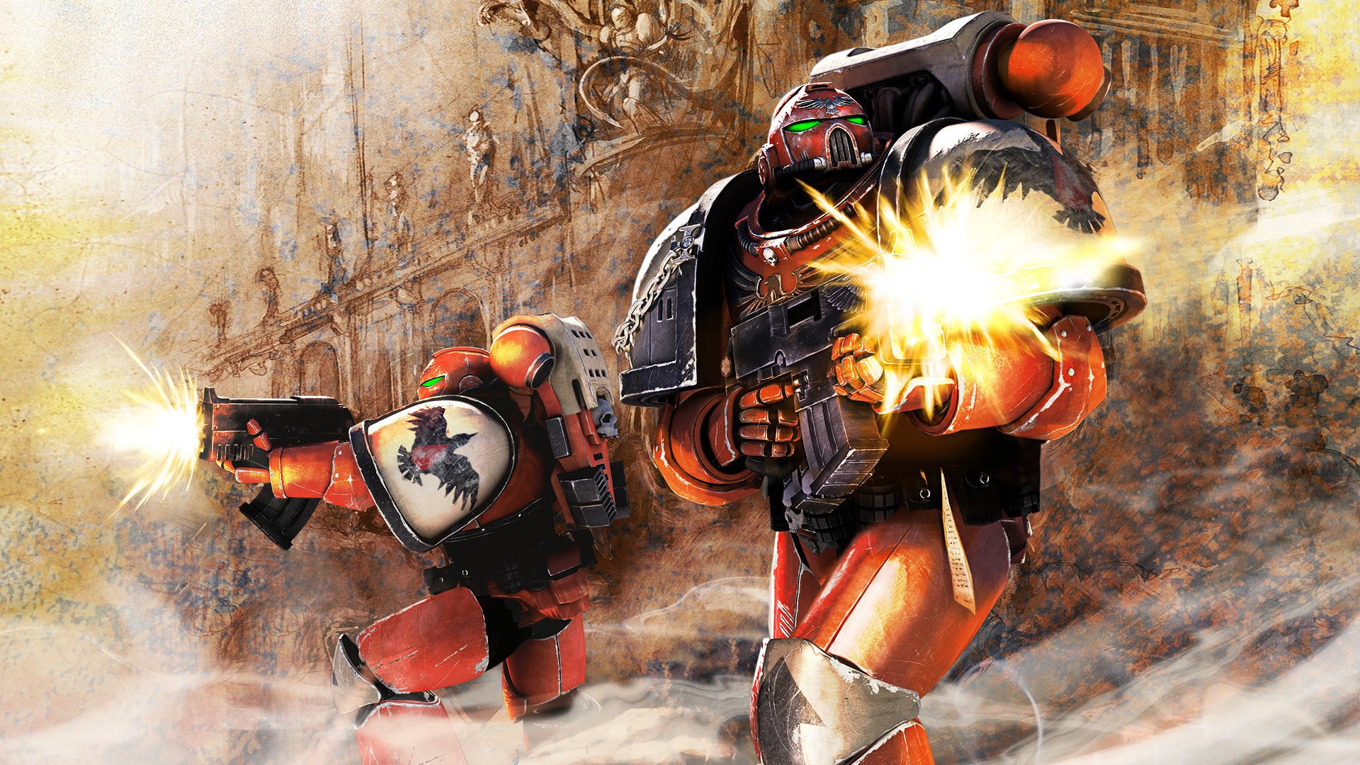 warhammer 40k space marines bolters broń strzały ruiny zbroja wojownicy ogień strzelanie walka bitwa rzeź