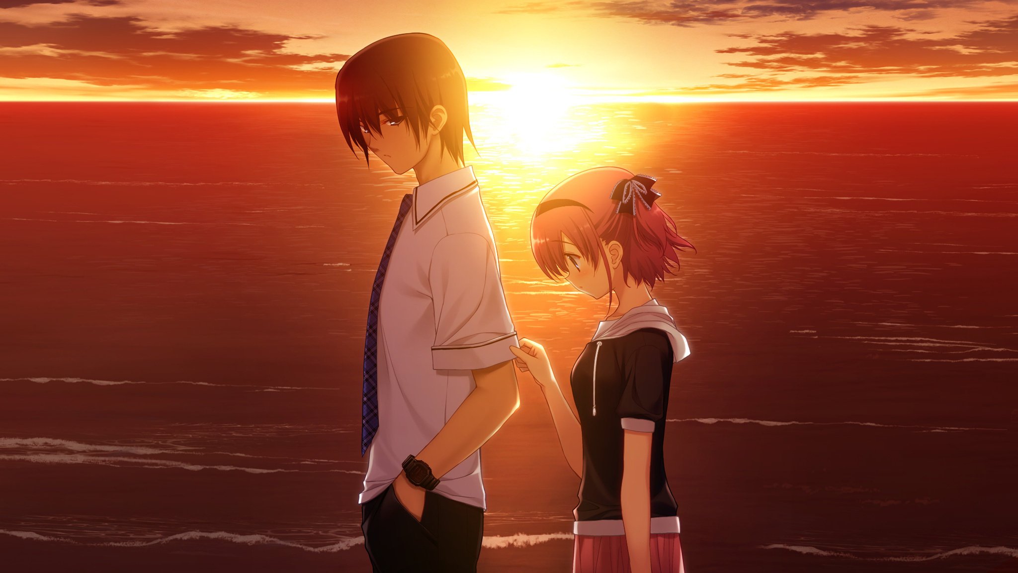 anime apology two mood the evening sunset love pair sea