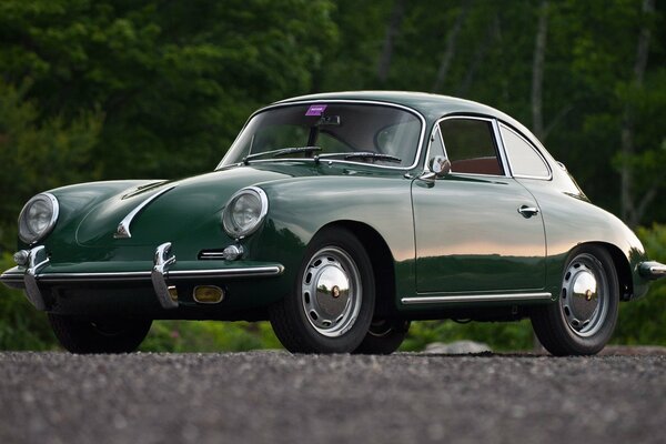 Auto retrò Porsche verde nella foresta