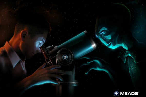 Un hombre Mira con un telescopio a un extraño fantástico en un fondo oscuro