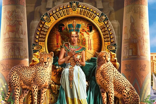 Клеопатра с двумя леопардами сидит на троне