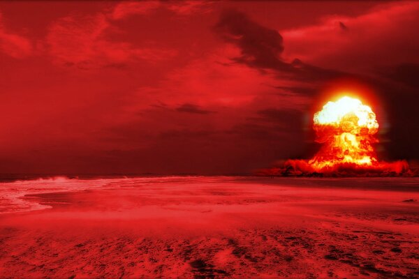 Na czerwonym tle na pustyni jasna eksplozja nuklearna