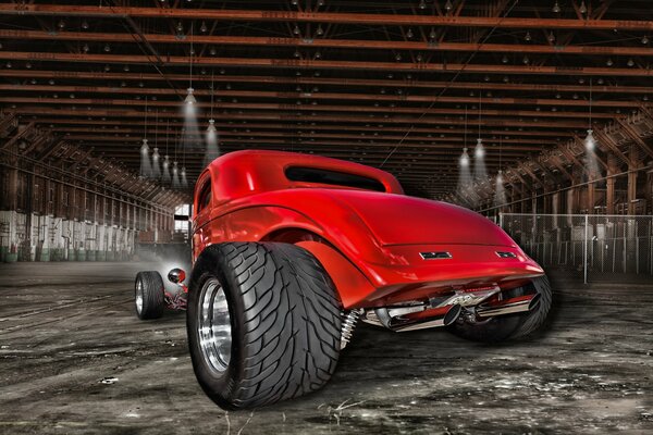 Art of a red hot rod with big wheels