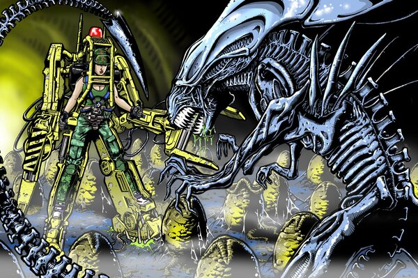 Batalla de Alien dibujado a mano cómic