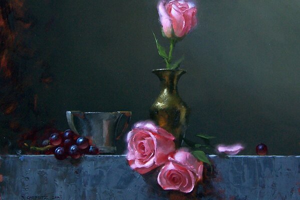 Painting of a vase with roses and a branch of grapes