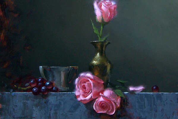 Картина вазы с розами и веткой винограда