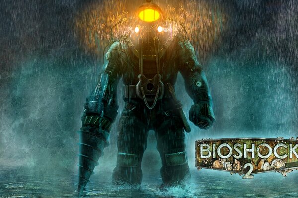 Dibujo del héroe del juego BioShock-2 con un arma