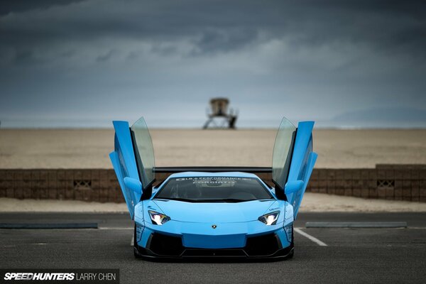 Beautiful blue car with open doors