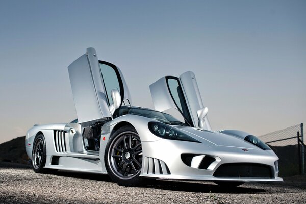A silver-colored supercar with folding doors