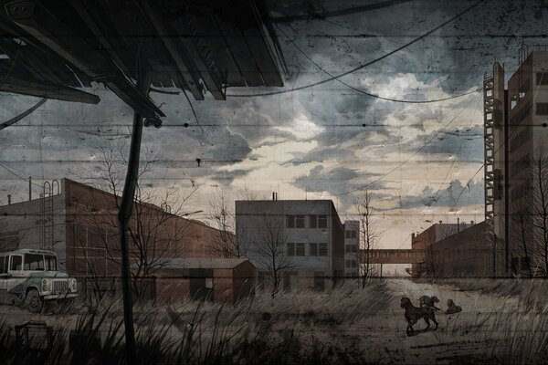 Storm clouds over abandoned houses