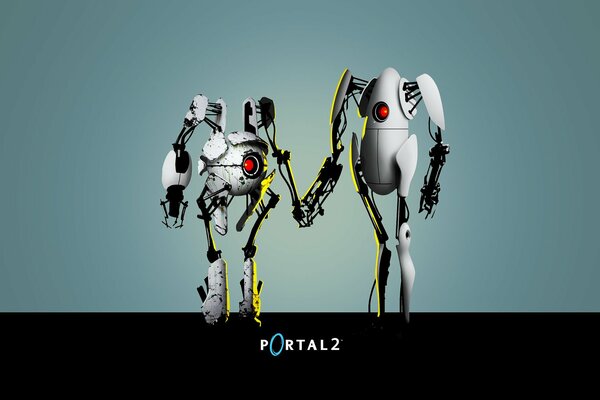 Anime robots from portal 2 touchingly hold hands