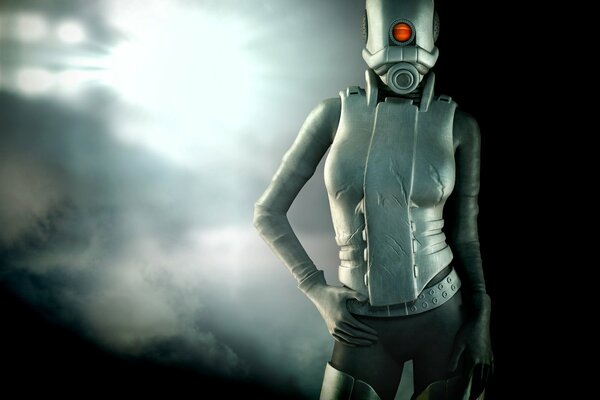 Cyborg robot girl with a red eye