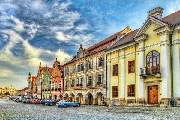 Houses in the Czech Republic on cobblestone pavement