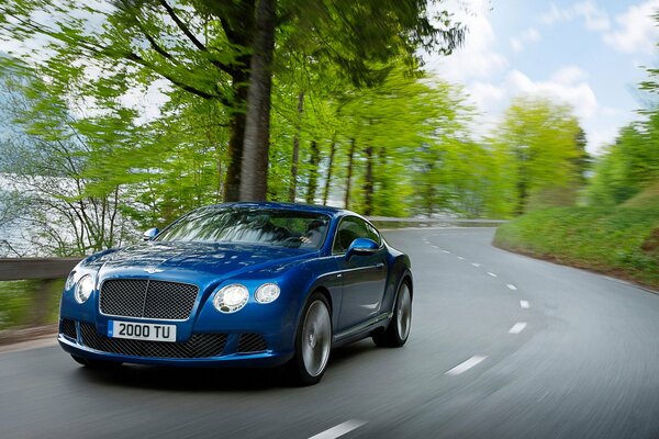 Un Bentley continental azul viaja por un camino rural