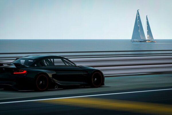 BMW with tuning on the track against the background of sailboats black