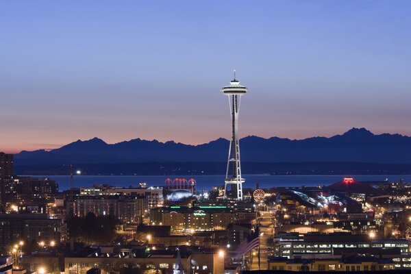 The city of Seattle in the evening twilight