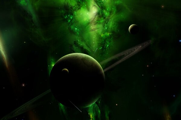 Planète avec anneau sur fond noir et vert