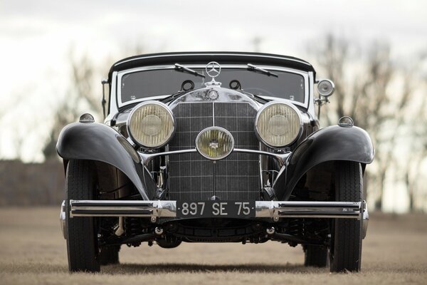 Ein schwarzer Mercedes-Benz 540k steht im Freien auf trockenem Gras