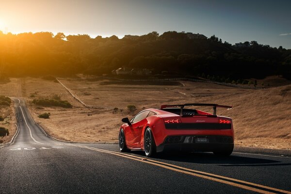 Lamborghini golardo pędzi na spotkanie wschodu słońca