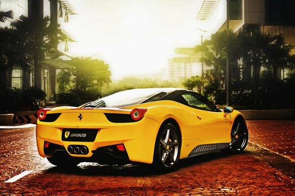 Yellow sports ferrari city background