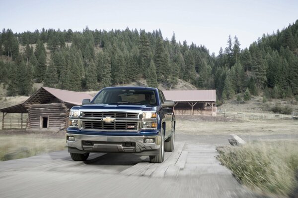 Chevrolet bleu à la lumière du jour sur une route rustique entourée de forêt