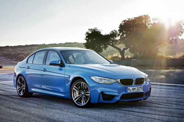 Blue BMW M3 over the road in the countryside