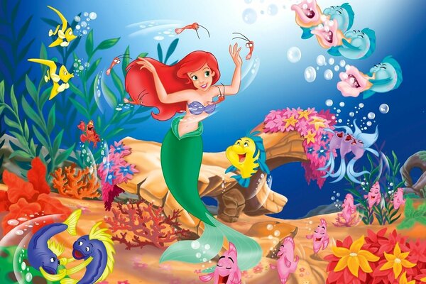 The little mermaid Ariel dances with sea creatures