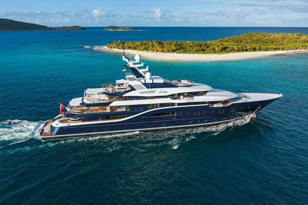 The largest and most beautiful yacht on the sea near the island