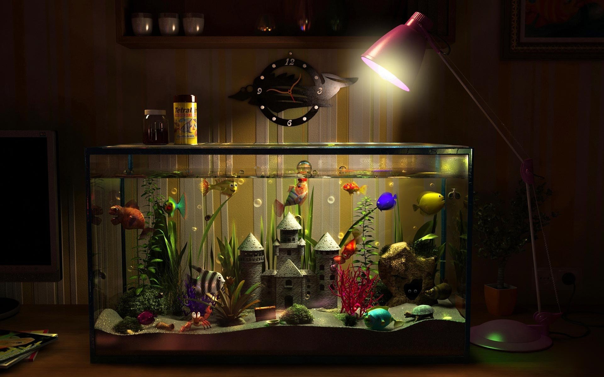 aquarium fish castle water lamp watch banks monitor bubbles chest crab flower