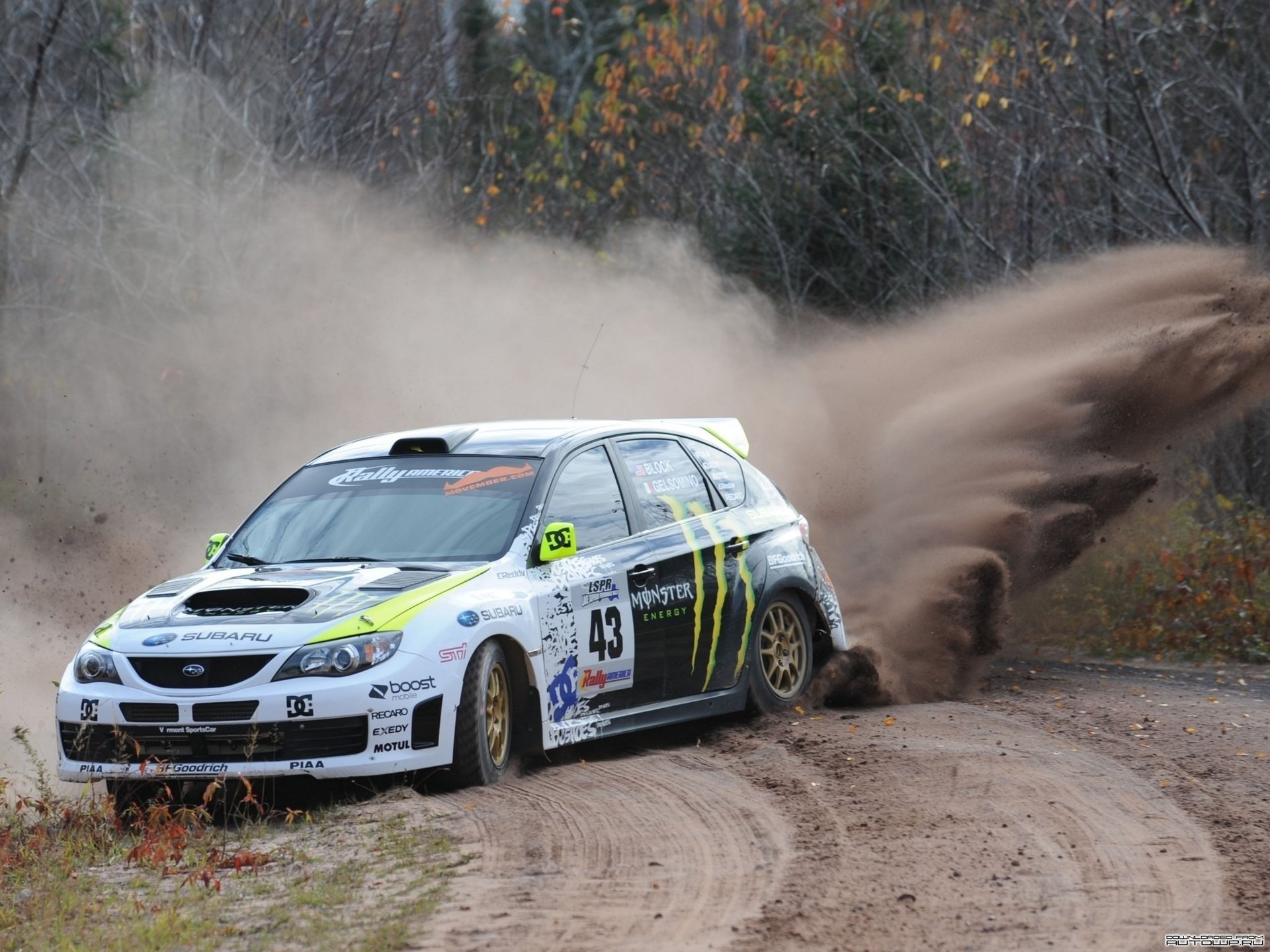 ubaru subaru impreza ken block auto dust skid road inscriptions forest trees sports car transport car cool car passenger cars motorsport motor transport